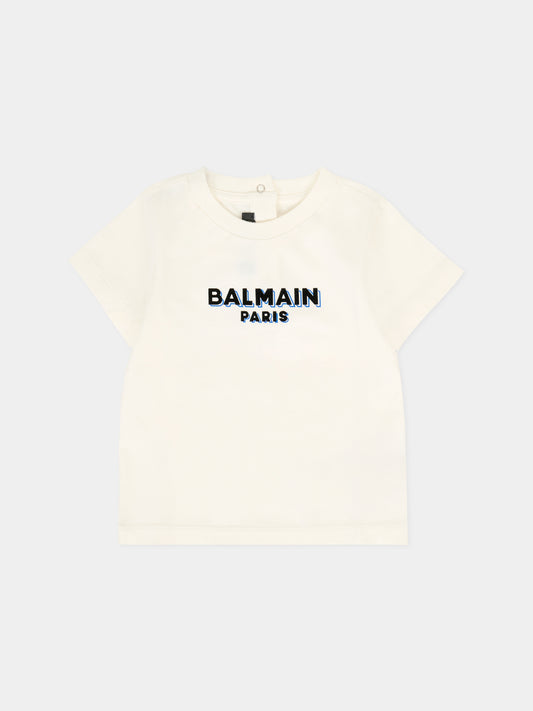 T-shirt avorio per neonato con logo nero,Balmain Kids,BT8501 Z0057 102