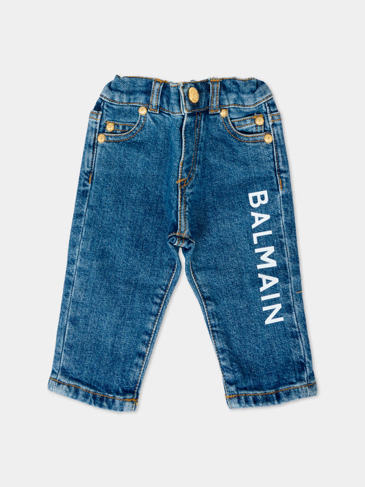 Jeans blu per neonati con logo bianco,Balmain Kids,BT6550 D0038 620