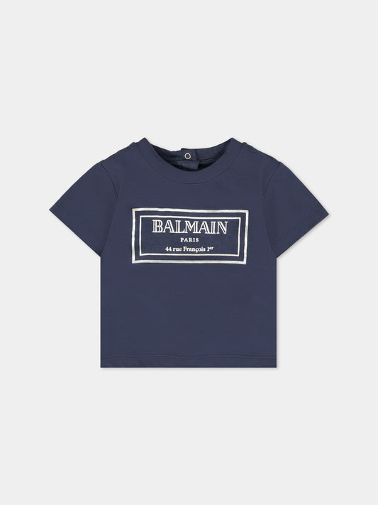T-shirt blu per neonati con logo argento,Balmain Kids,BT8631 Z0082 649AG