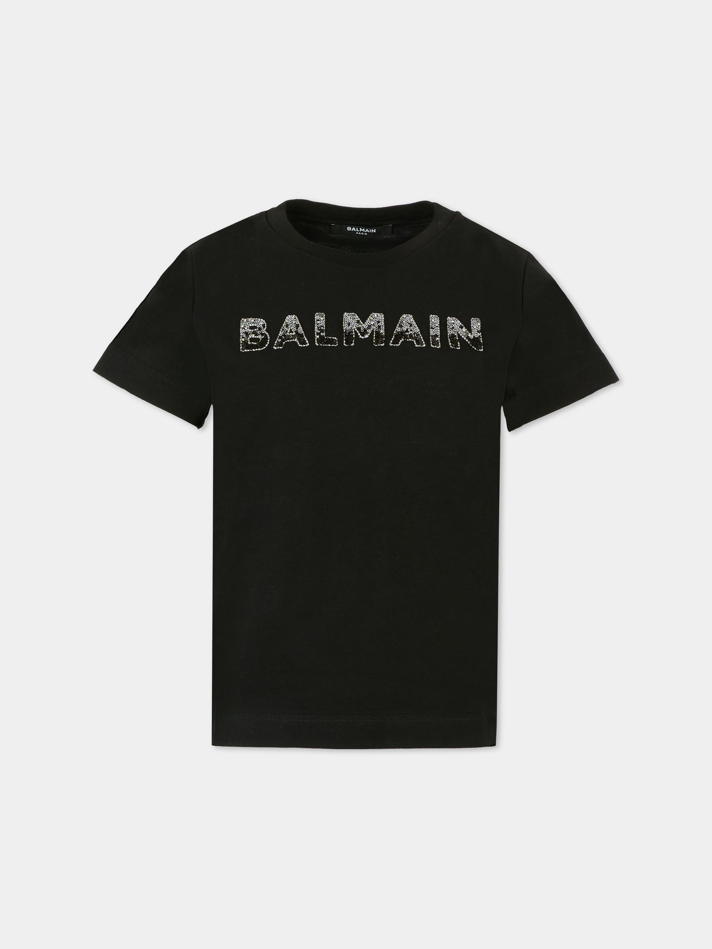 T-shirt nera per bambina con paillettes,Balmain Kids,BT8C31 J0177 930
