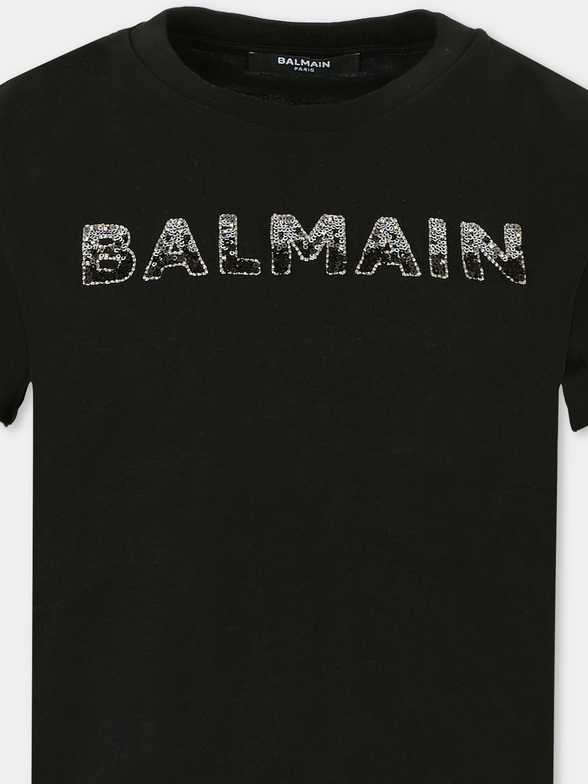T-shirt nera per bambina con paillettes,Balmain Kids,BT8C31 J0177 930