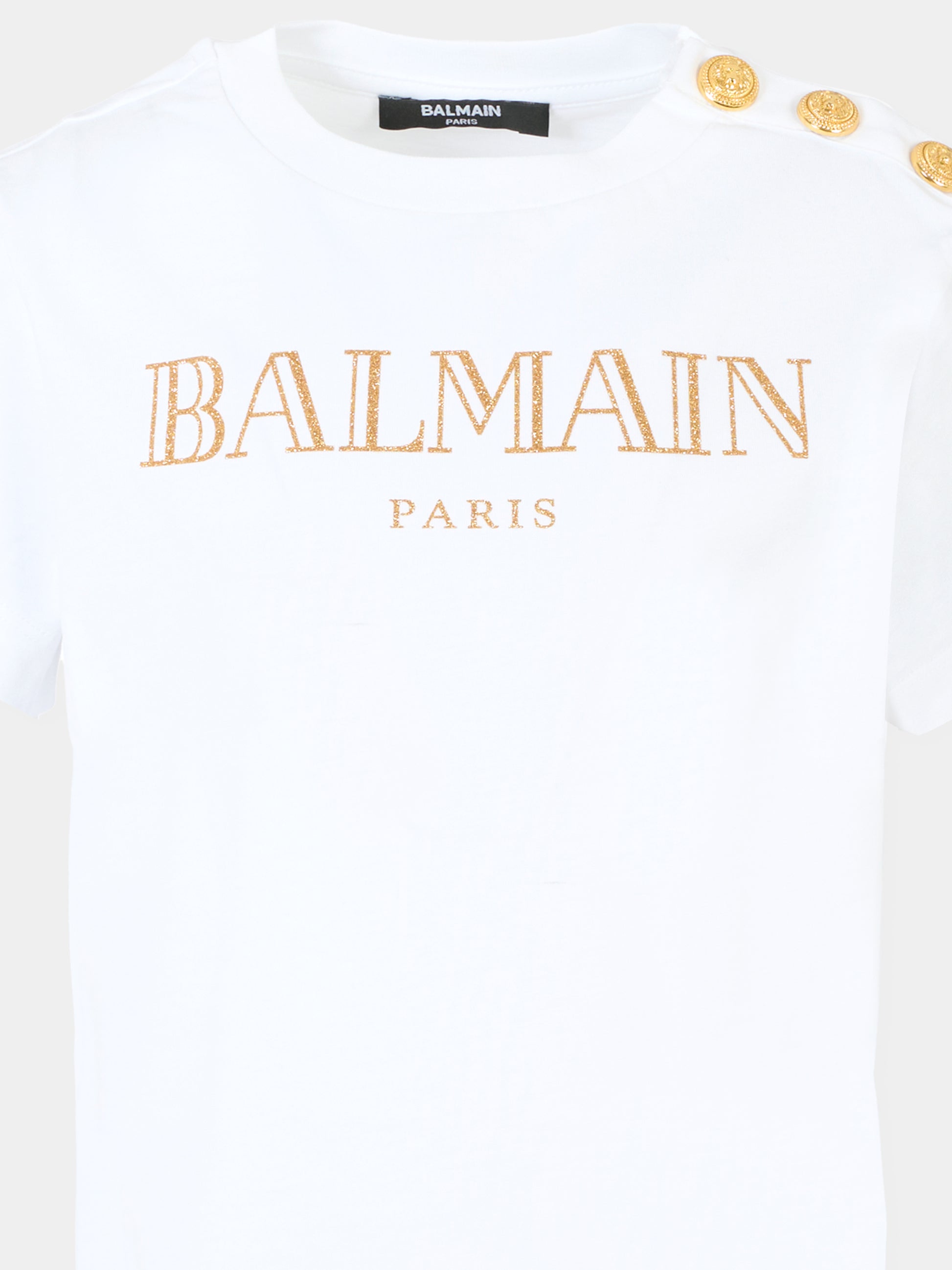 T-shirt bianca per bambina con logo dorato,Balmain Kids,BV8B71 Z0082 100OR