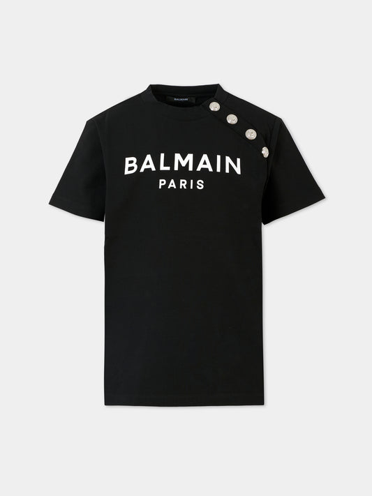 T-shirt nera per bambina con logo bianco,Balmain Kids,BV8Q71 Z2389 930BC