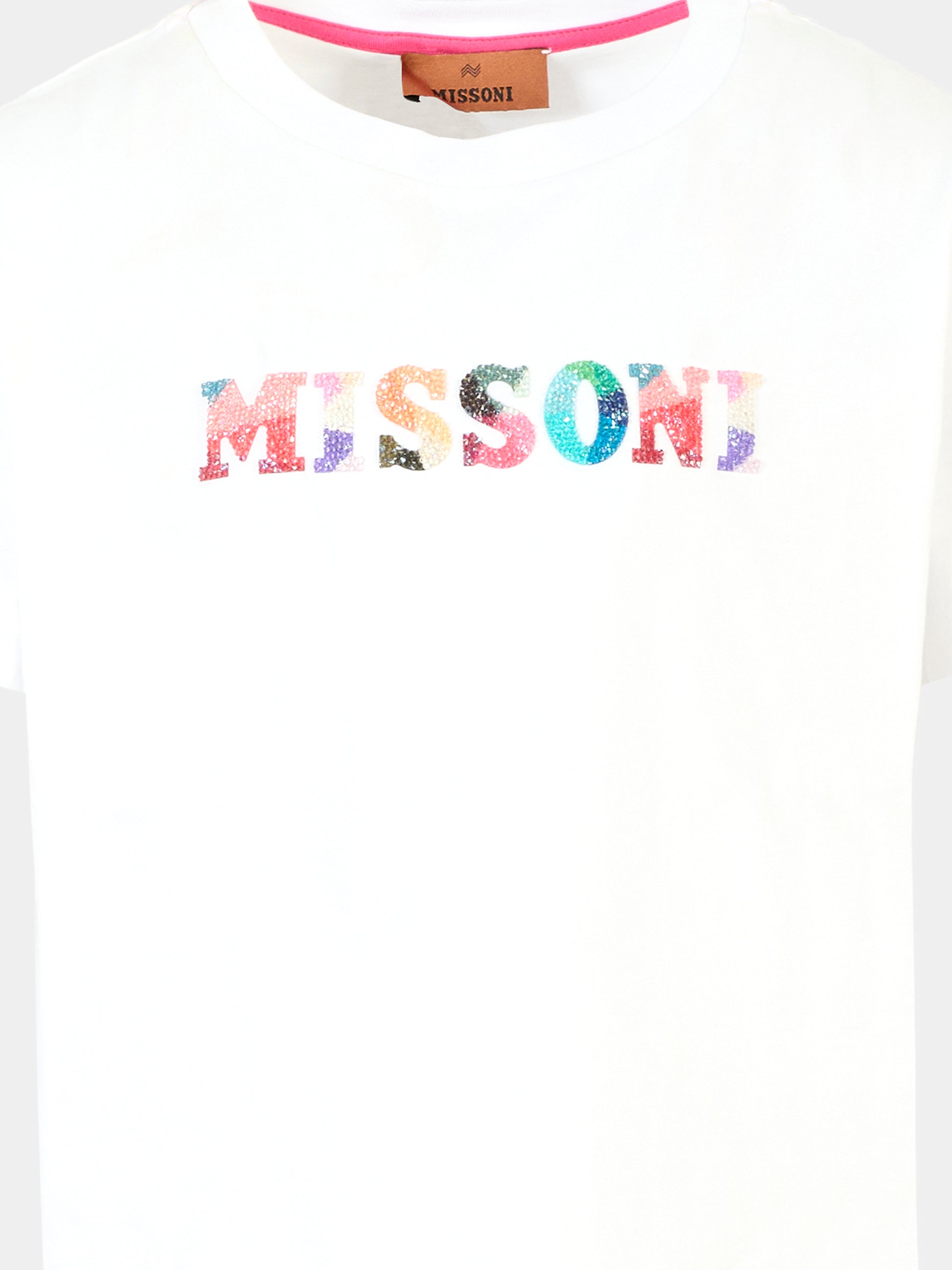 T-shirt bianca per bambina con logo di cristalli,Missoni,MT8A51 J0177 100