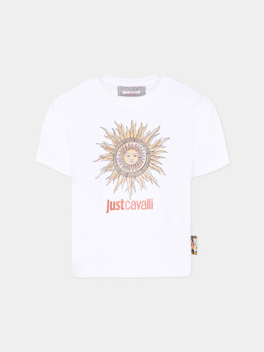 T-Shirt bianca per bambina con sole,Just Cavalli Kids,JGP26076TS WHITE