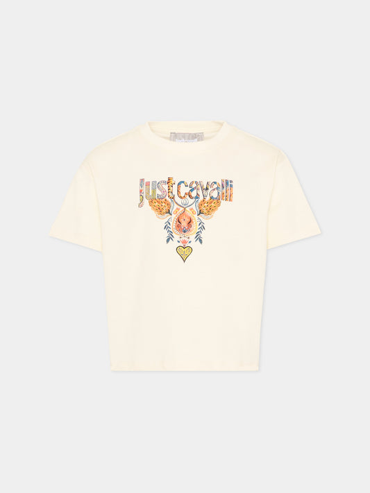 T-Shirt avorio per bambina con logo,Just Cavalli Kids,JGP26114TS PRISTINE