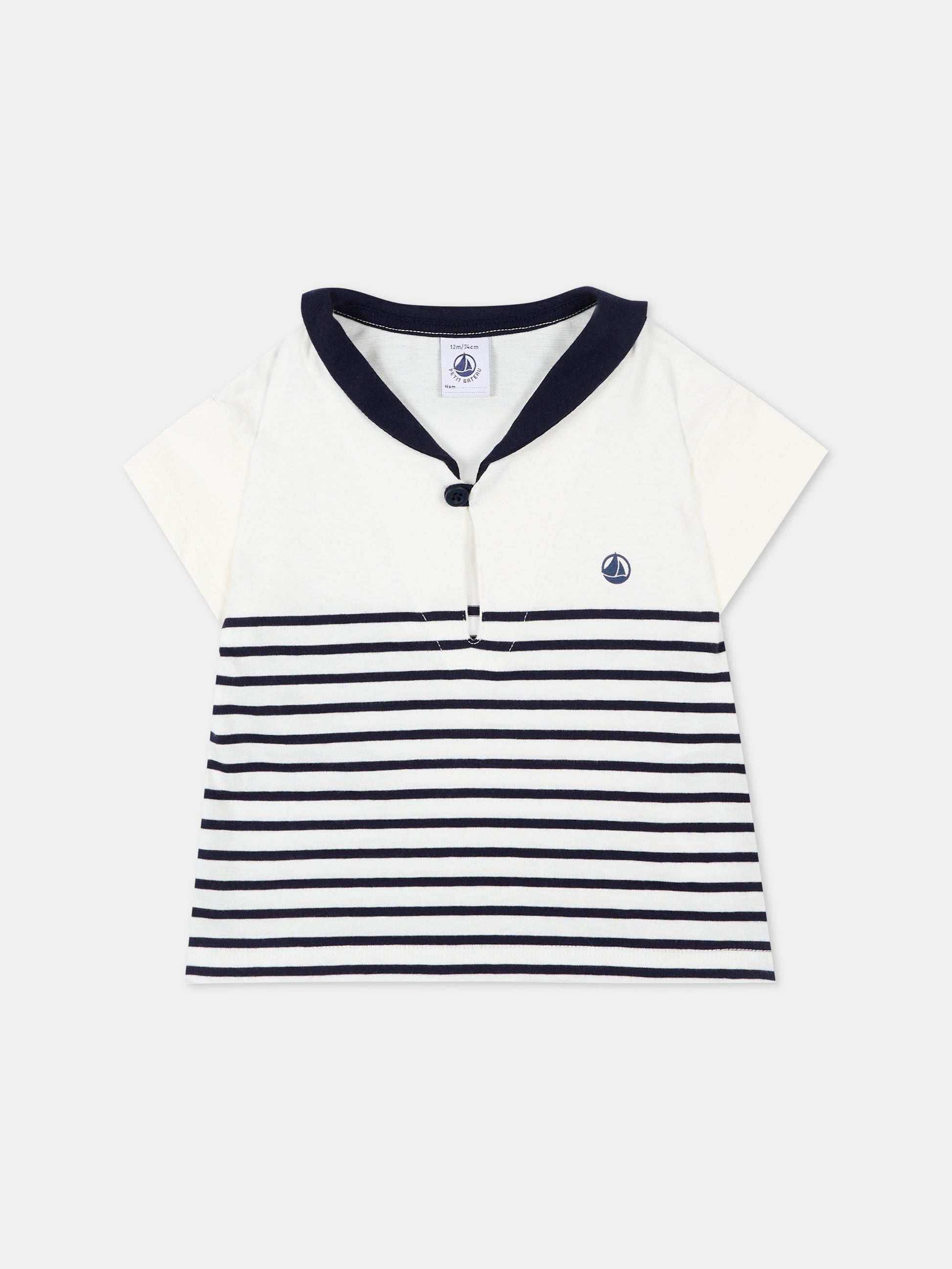 Polo bianca per neonato righe marinare,Petit Bateau,A0F5E MARSHMALLOW/SOIR 01