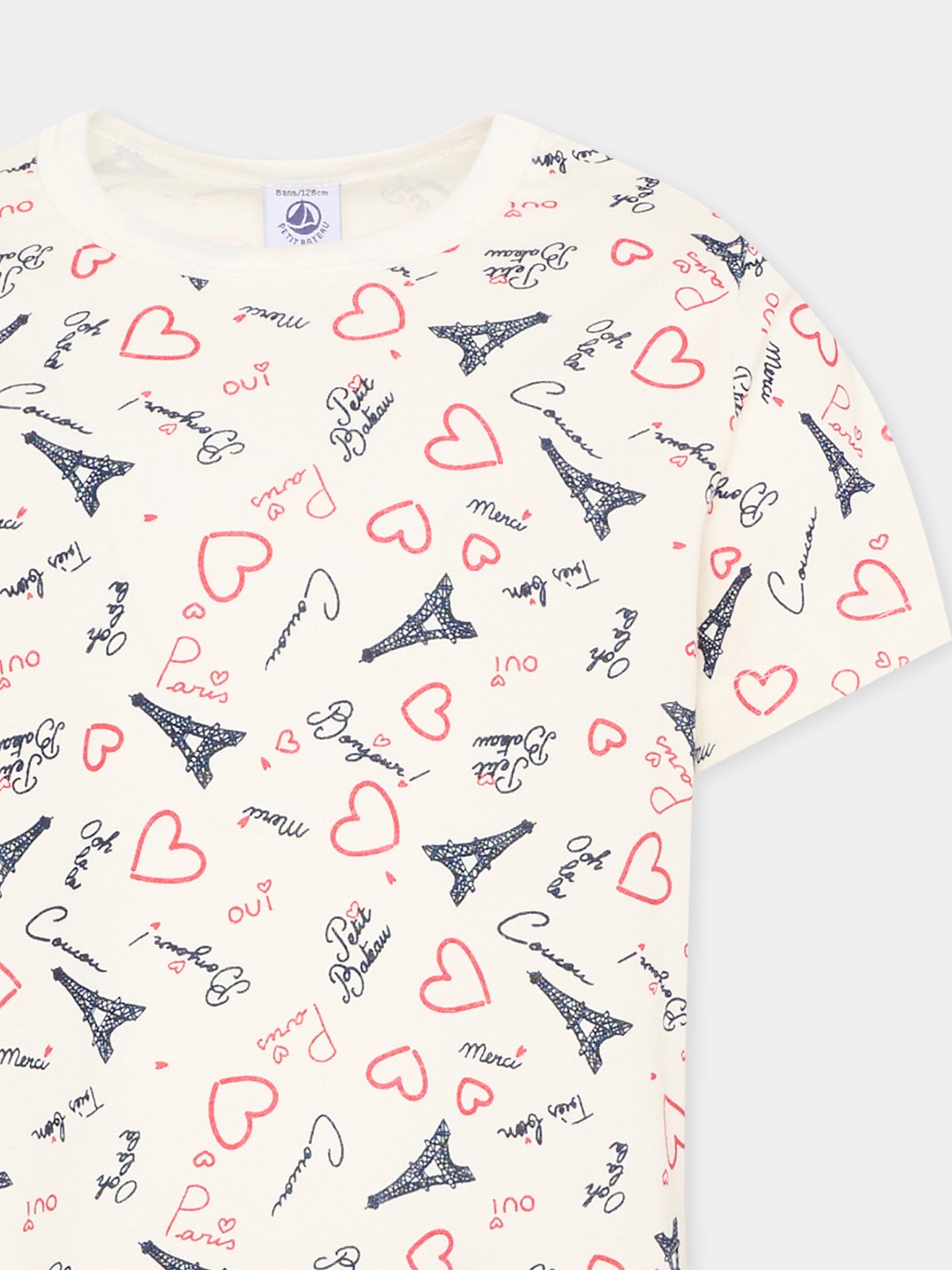 Pigiama bianco per bambina con cuori,Petit Bateau,A0FV8 MARSHMALLOW/MULTICO 01