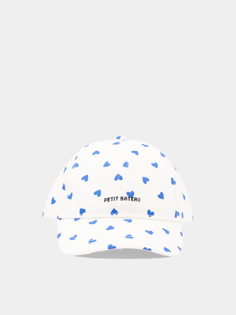 Cappello bianco per bambina con cuori blu,Petit Bateau,A0FCR MARSHMALLOW/CREPUSCULE 01