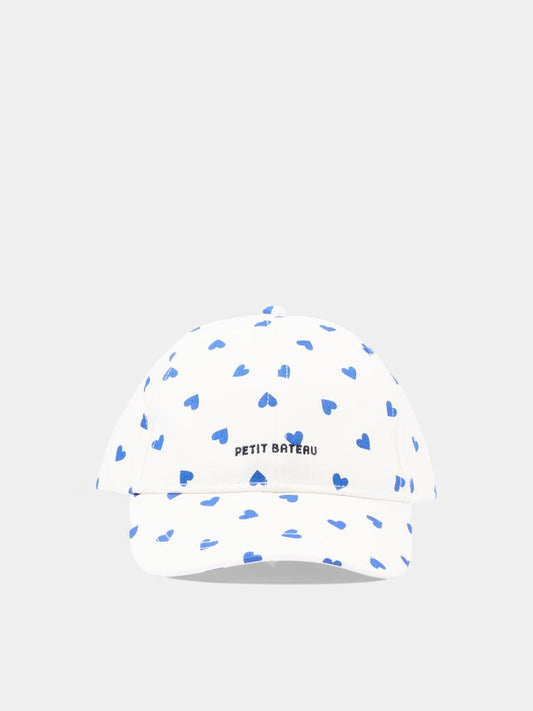 Cappello bianco per bambina con cuori blu,Petit Bateau,A0FCR MARSHMALLOW/CREPUSCULE 01
