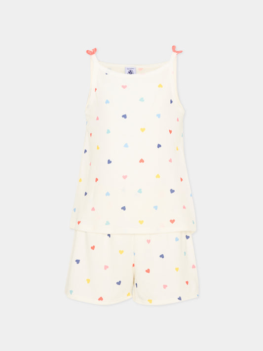 Pigiama bianco per bambina con cuori,Petit Bateau,A0F97 MARSHMALLOW/MULTICO 01