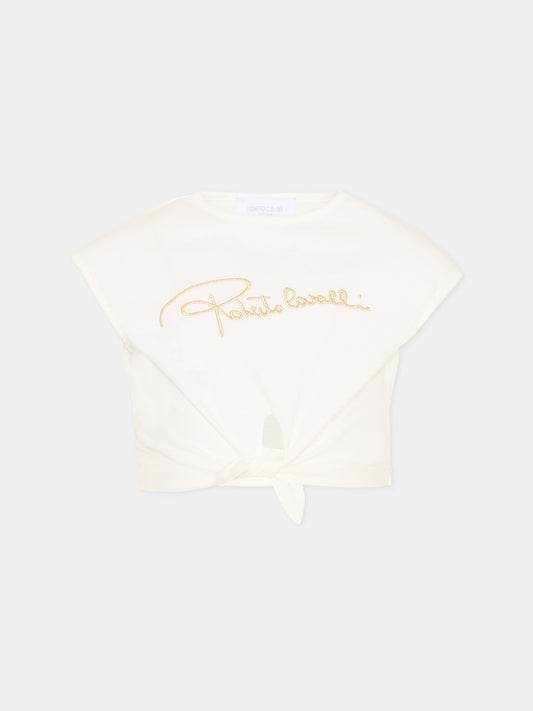 T-shirt bianca per bambina con logo,Roberto Cavalli Kids,CGP26081TS WHITE