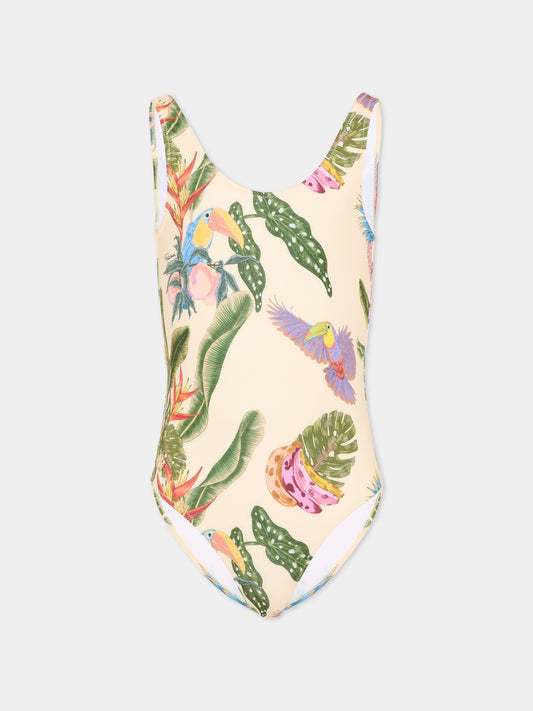 Costume intero multicolor per bambina con stampa tropicale,Roberto Cavalli Kids,CGP26065CO TROPICANA YELLOW