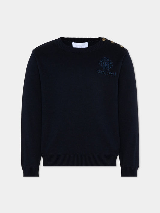 Maglione blu per bambino con logo,Roberto Cavalli Kids,CBP26013MA BLUE PEACOAT