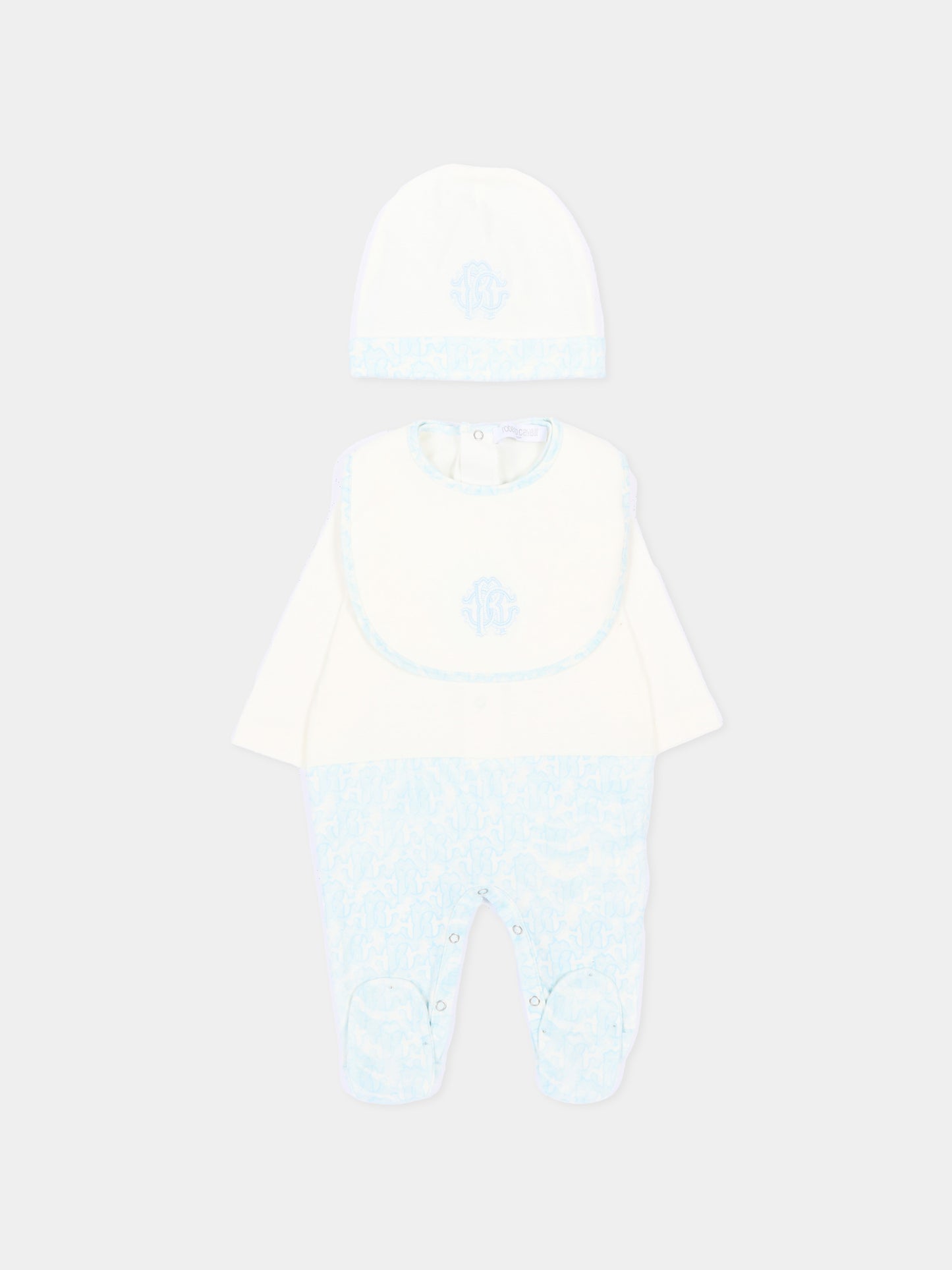 Set tutina celeste per neonato con monogram,Roberto Cavalli Kids,CLP26006TU ZEBRA CELESTE