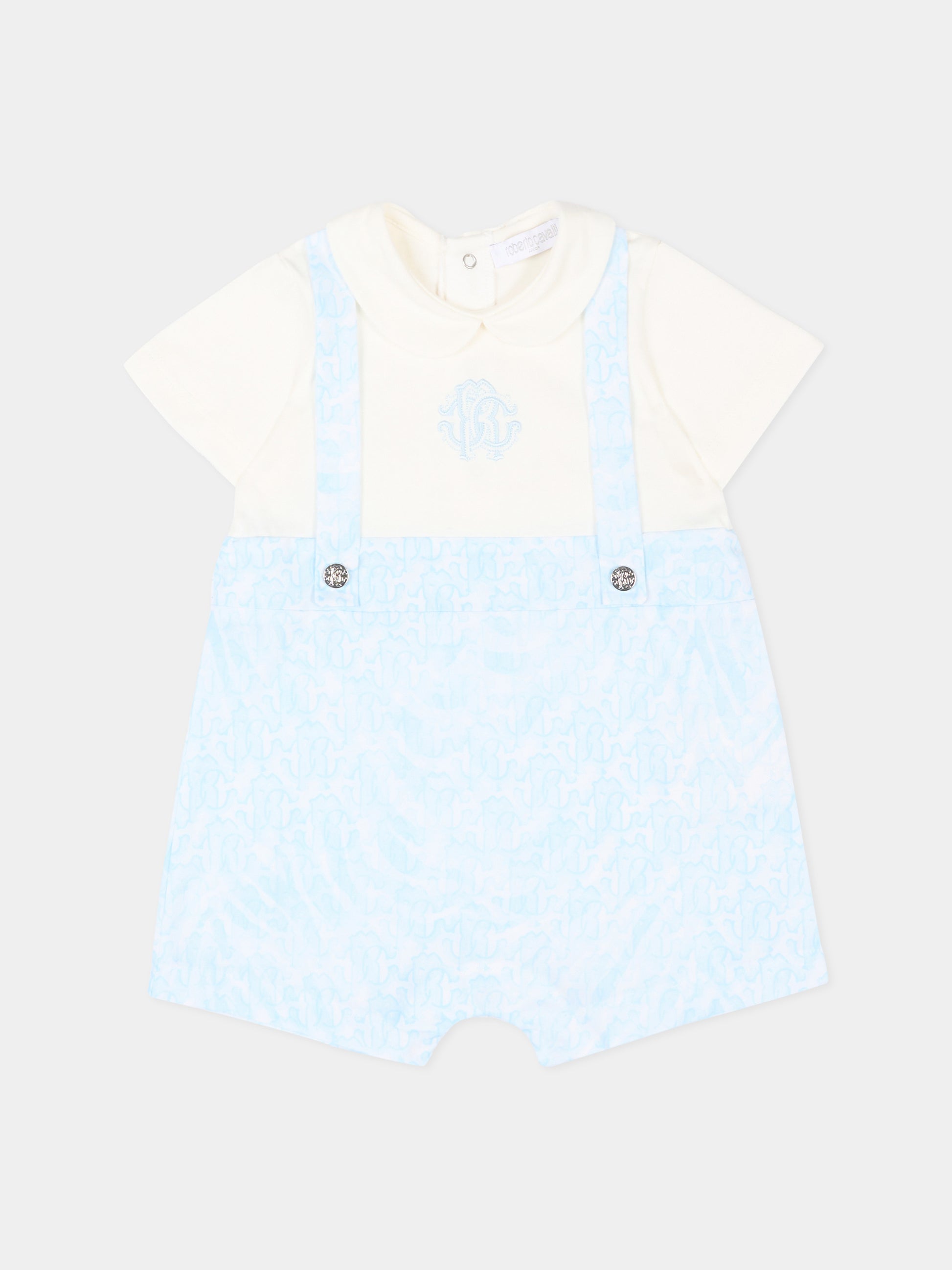 Pagliaccetto celeste per neonato con stampa monogram,Roberto Cavalli Kids,CLP26014TU ZEBRA CELESTE