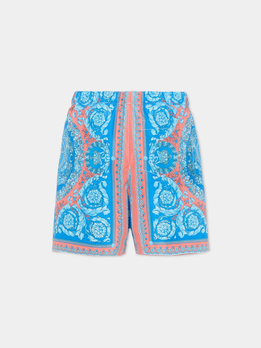 Boxer mare azzurro per bambino con stampa Barocco,Versace,1018706 1A16913 5UH60