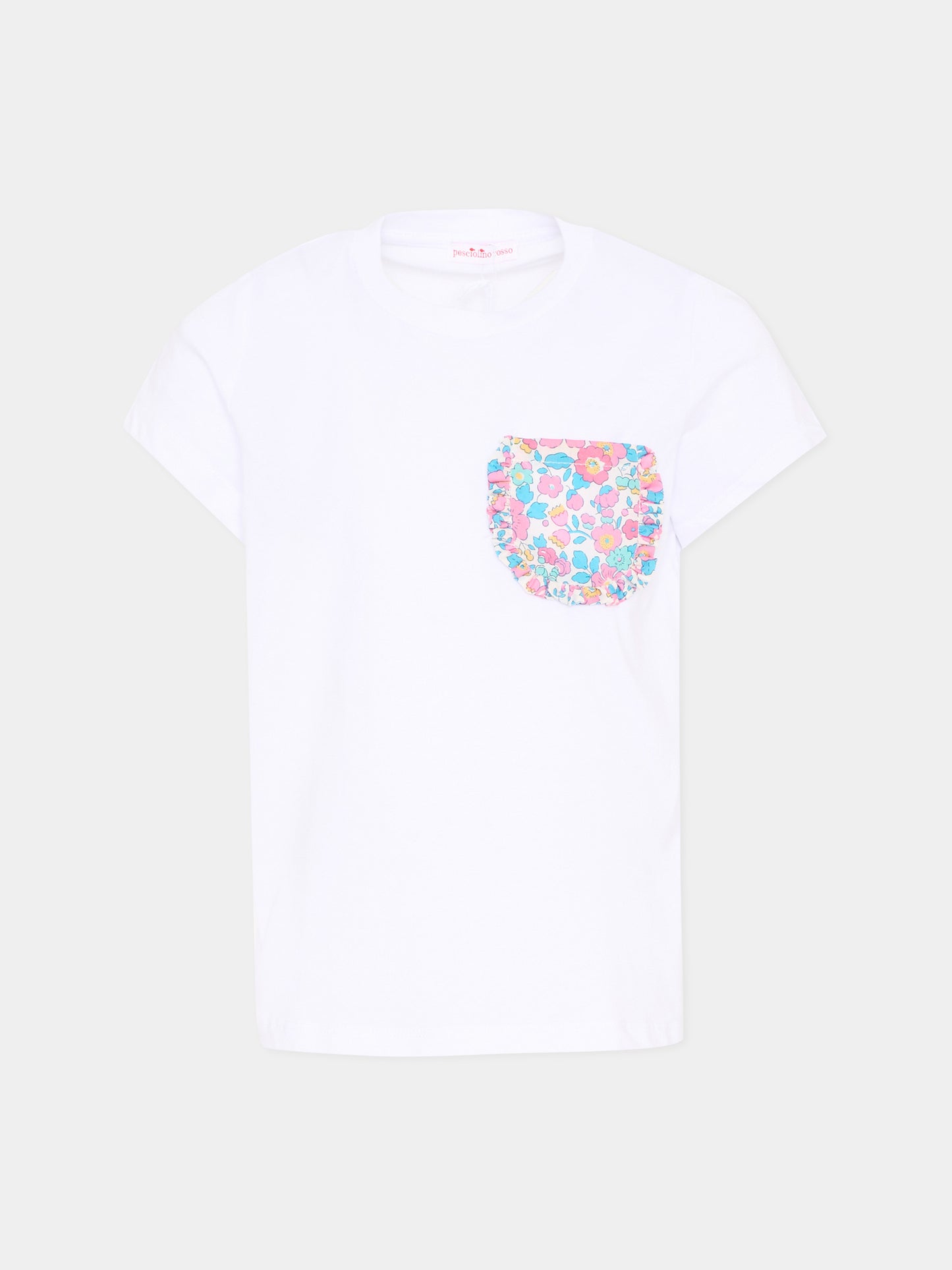 T-Shirt bianca per bambina con tasca floreale,Pesciolino Rosso,TSF NEW S 164