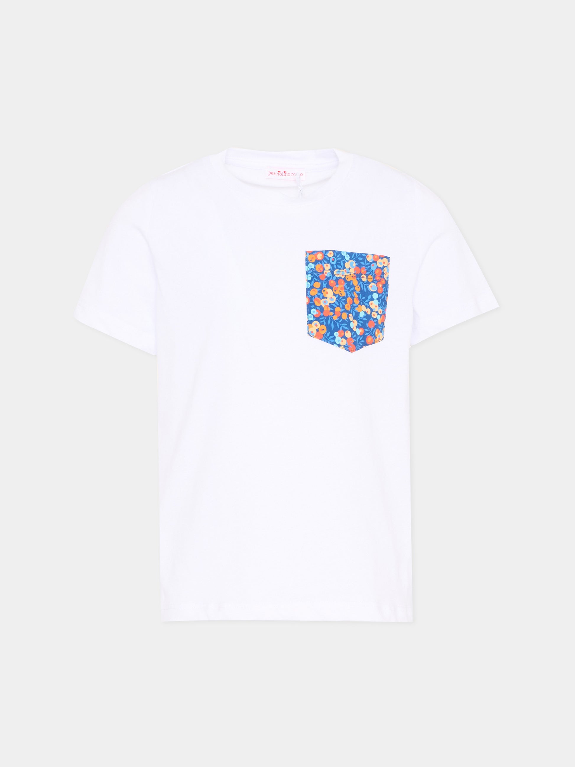 T-shirt bianca per bambino con tasca multicolor,Pesciolino Rosso,TSM S 194