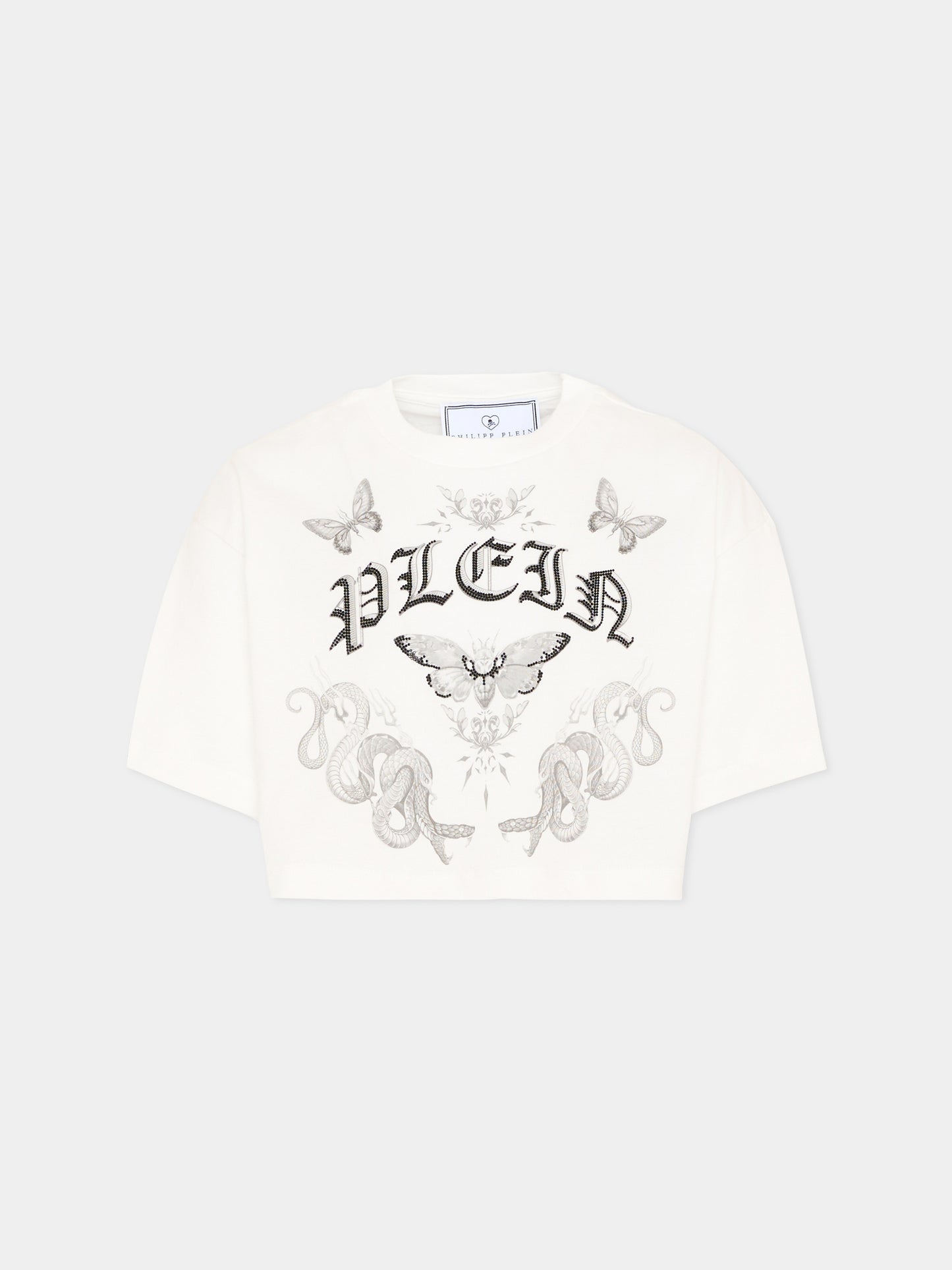 T-shirt bianca per bambina con logo strass,Philipp Plein Junior,S6PHJGTH215 002