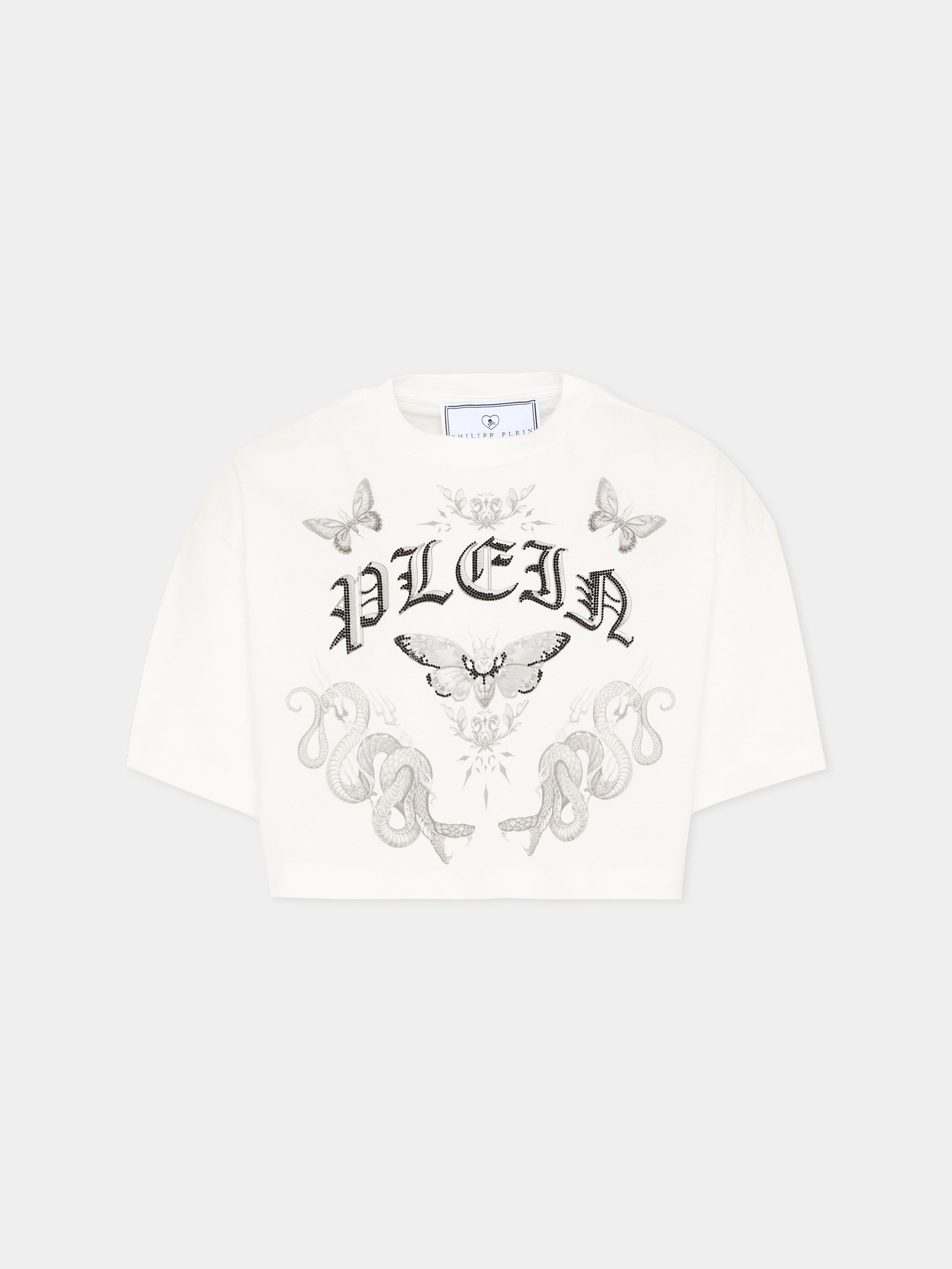 T-shirt bianca per bambina con logo strass,Philipp Plein Junior,S6PHJGTH215 002