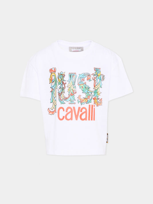 T-shirt bianca per bambina con logo,Just Cavalli Kids,JGP26085TS WHITE