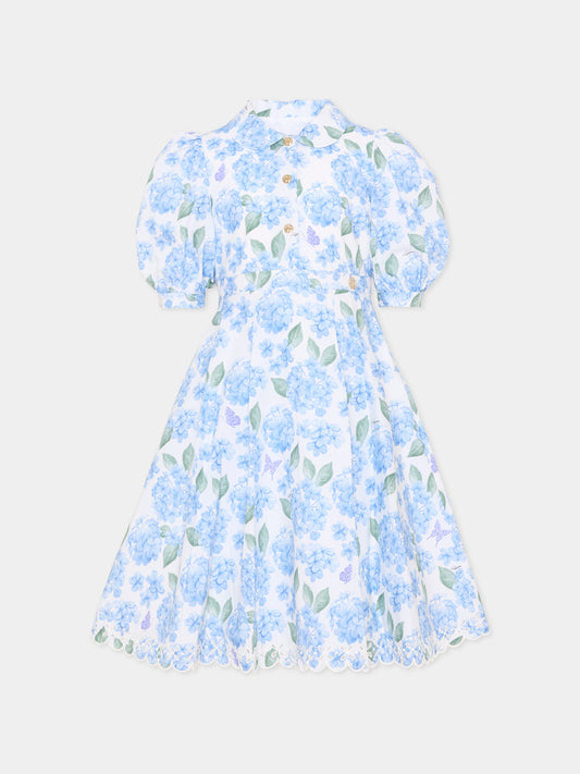 Vestito celeste per bambina floreale,Roberto Cavalli Kids,CGP26003VE PLUMBAGO