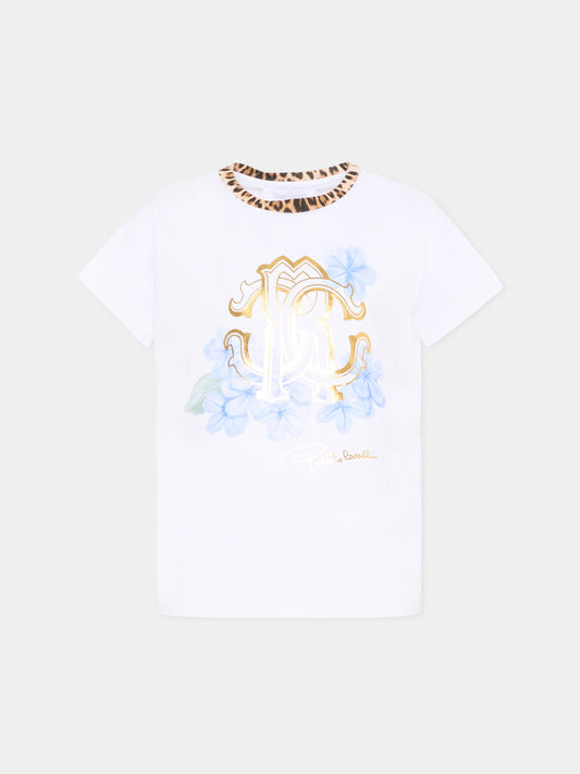 T-Shirt bianca per bambina con logo,Roberto Cavalli Kids,CGP26010TS WHITE
