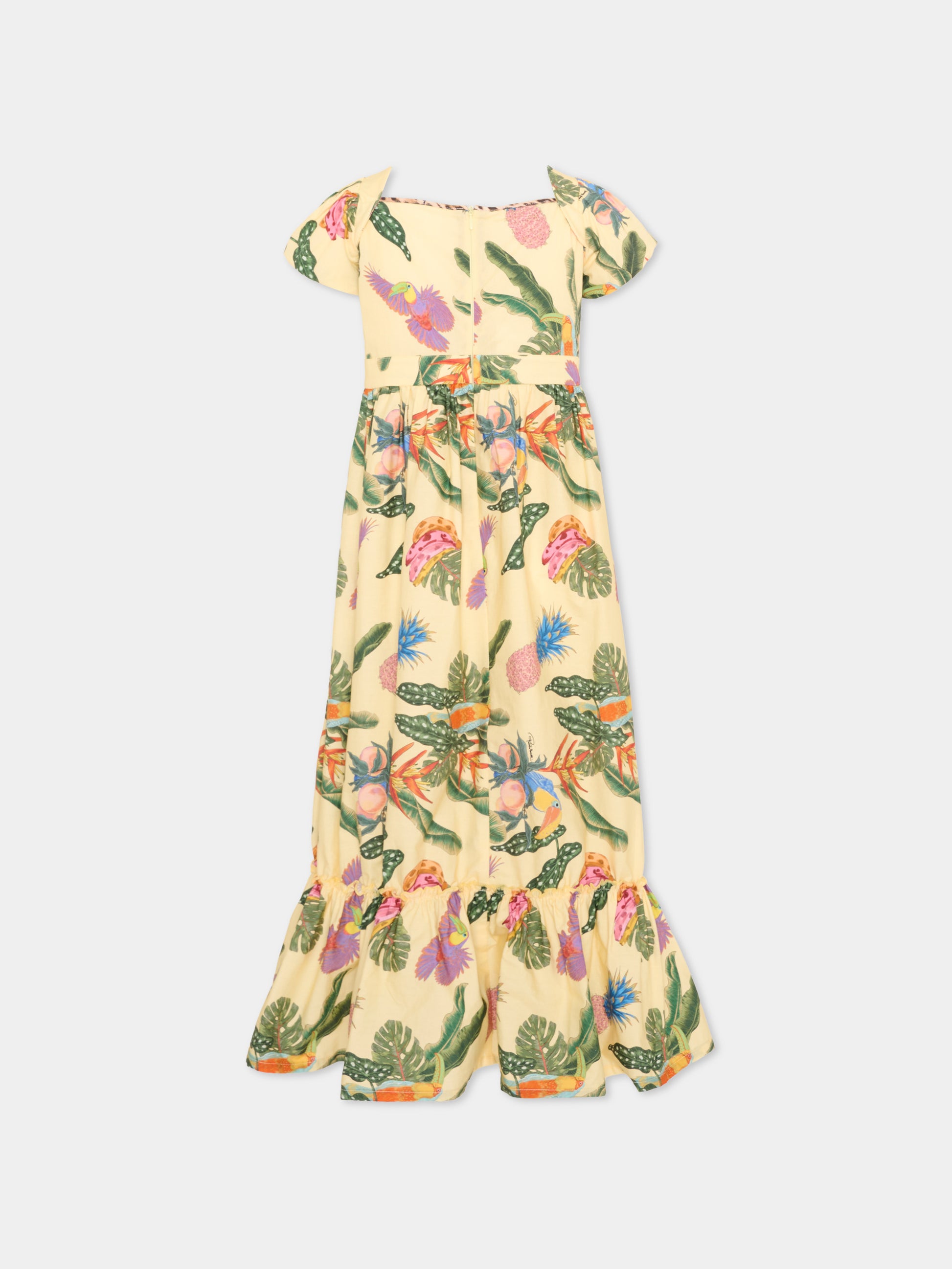 Abito giallo per bambina con stampa tropicale,Roberto Cavalli Kids,CGP26038VE TROPICANA YELLOW