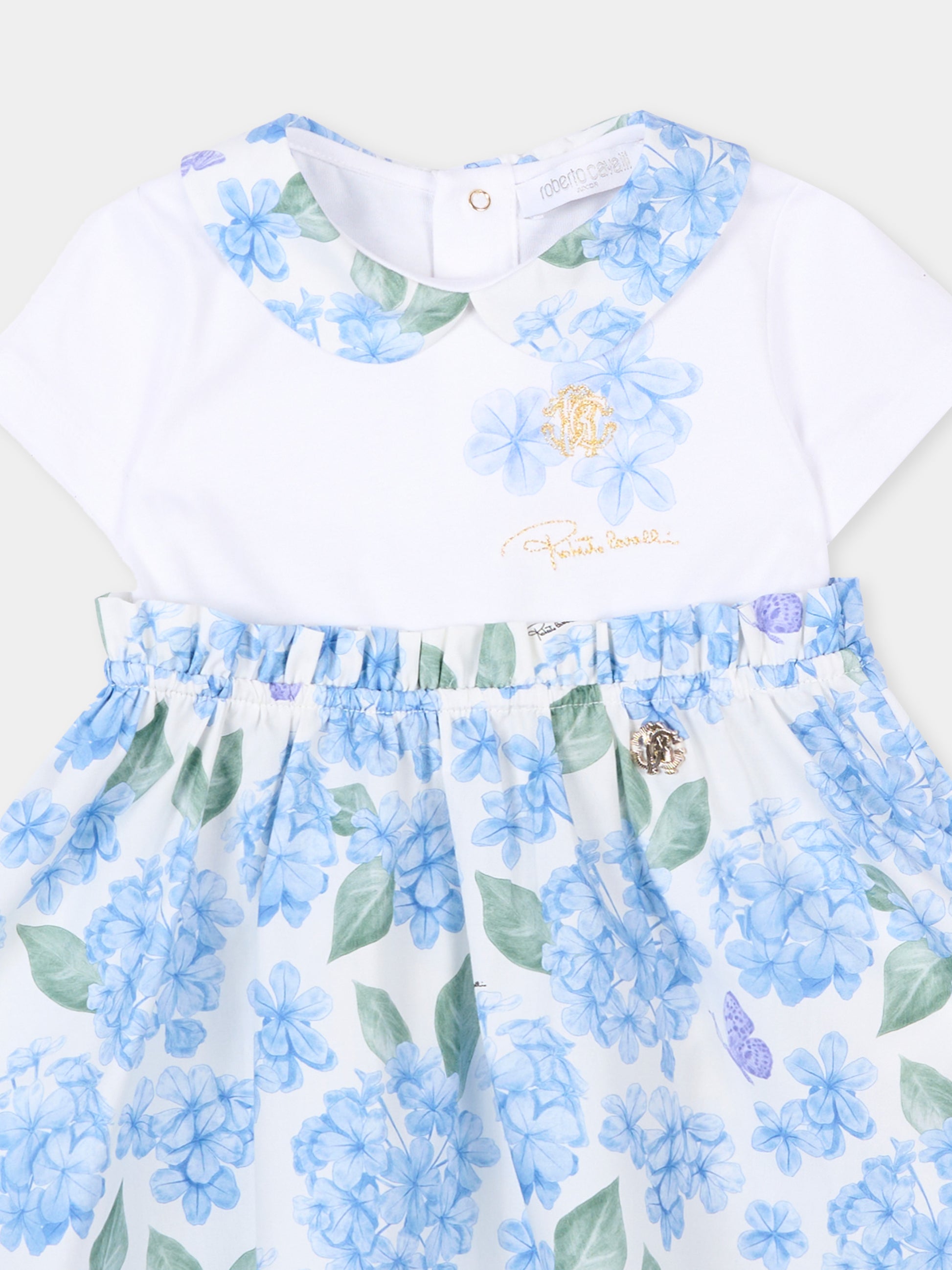 Vestito celeste per neonata con stampa floreale,Roberto Cavalli Kids,CIP26019VE PLUMBAGO