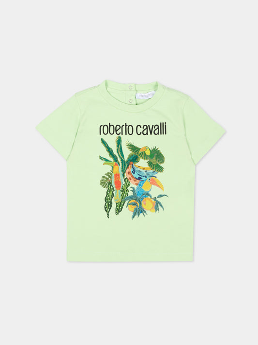T-Shirt verde per neonato con stampa tropicale,Roberto Cavalli Kids,CIP26083TS GREEN LETTUCE