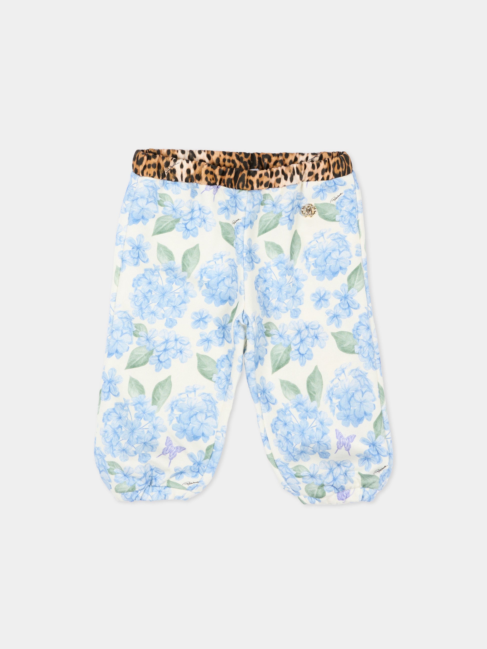 Pantaloni sportivi celesti per neonata con stampa floreale,Roberto Cavalli Kids,CIP26119PA PLUMBAGO