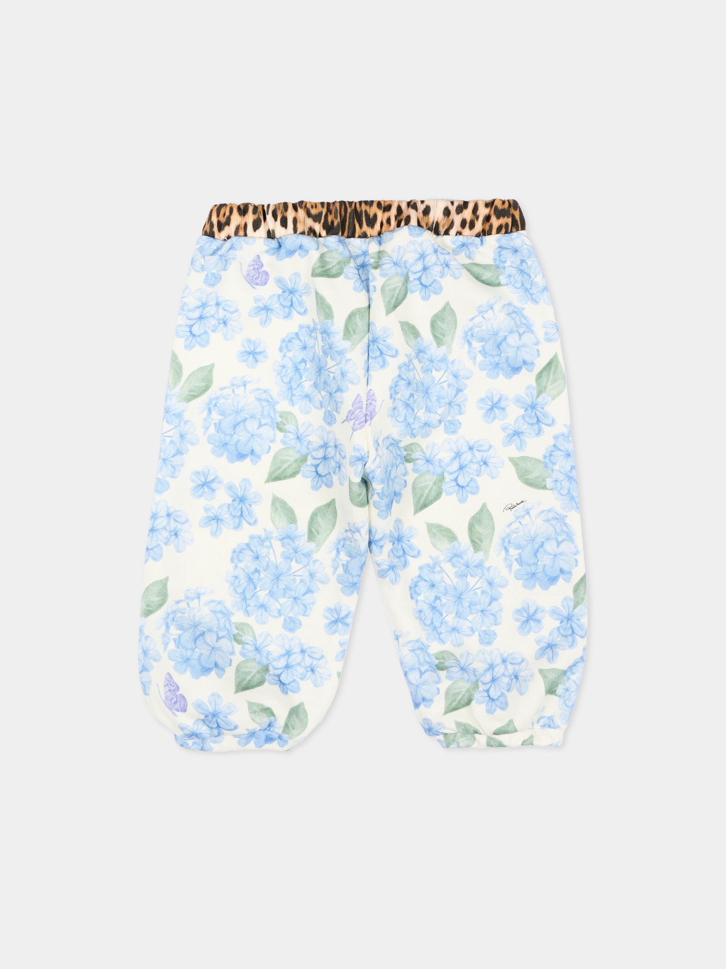 Pantaloni sportivi celesti per neonata con stampa floreale,Roberto Cavalli Kids,CIP26119PA PLUMBAGO