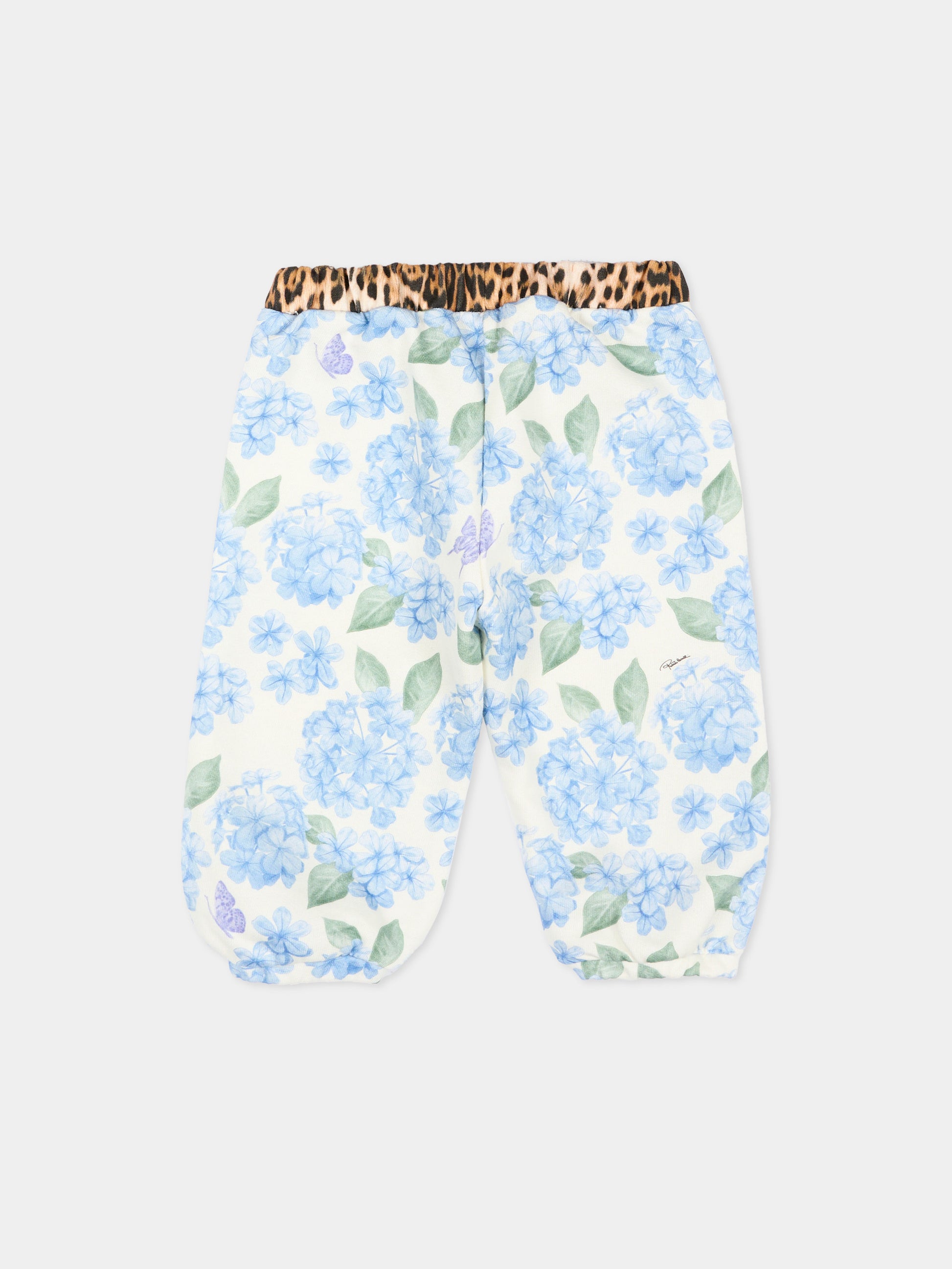 Pantaloni sportivi celesti per neonata con stampa floreale,Roberto Cavalli Kids,CIP26119PA PLUMBAGO
