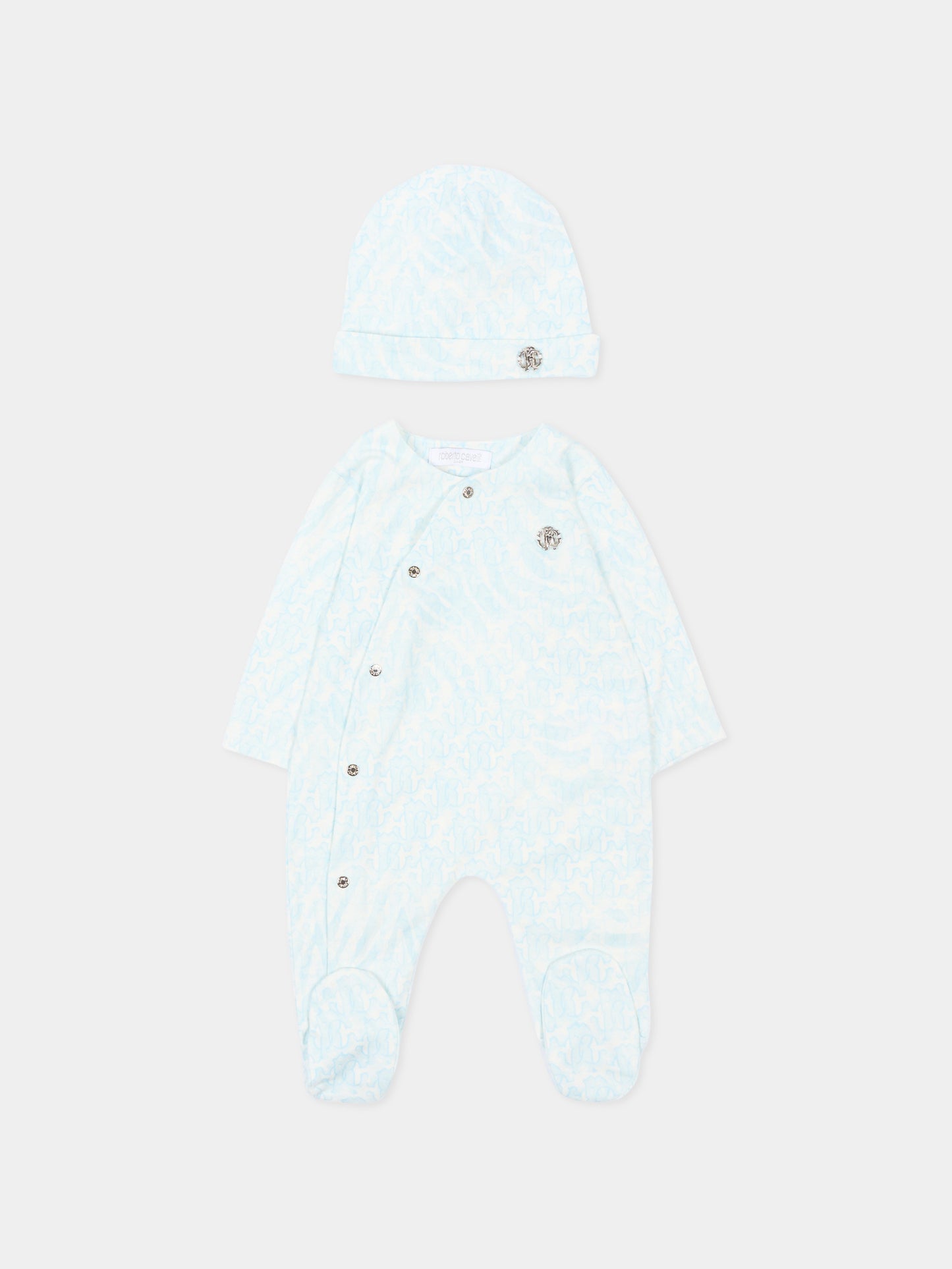 Set tutina celeste per neonato con stampa monogram,Roberto Cavalli Kids,CLP26003TU ZEBRA CELESTE