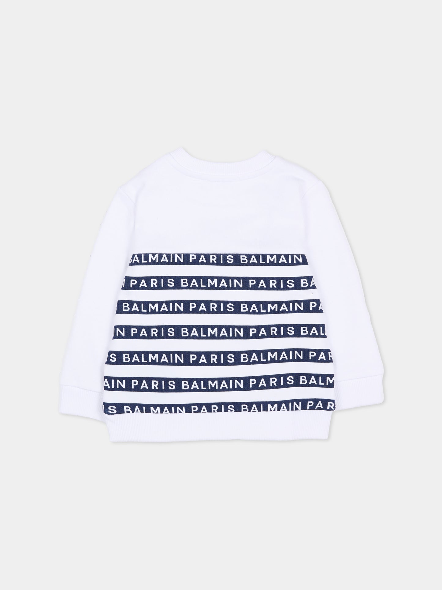 Felpa bianca per neonato con righe blu e logo,Balmain Kids,BU4550 Z1909 100BL