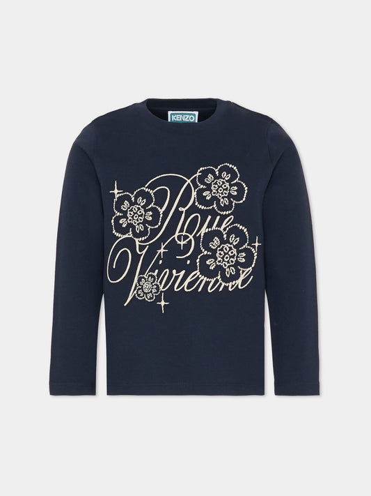 T-shirt blu per bambina con fiori bianchi,Kenzo Kids,K61368 845