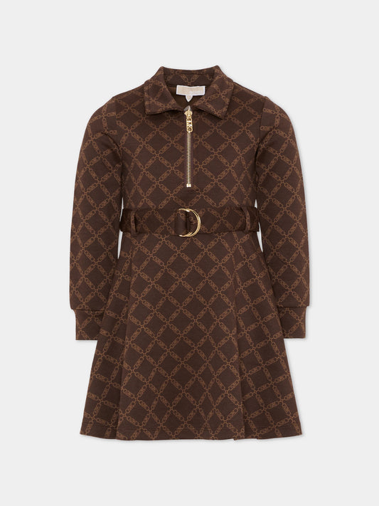 Vestito marrone per bambina con logo all over,Michael Kors,R30475 342
