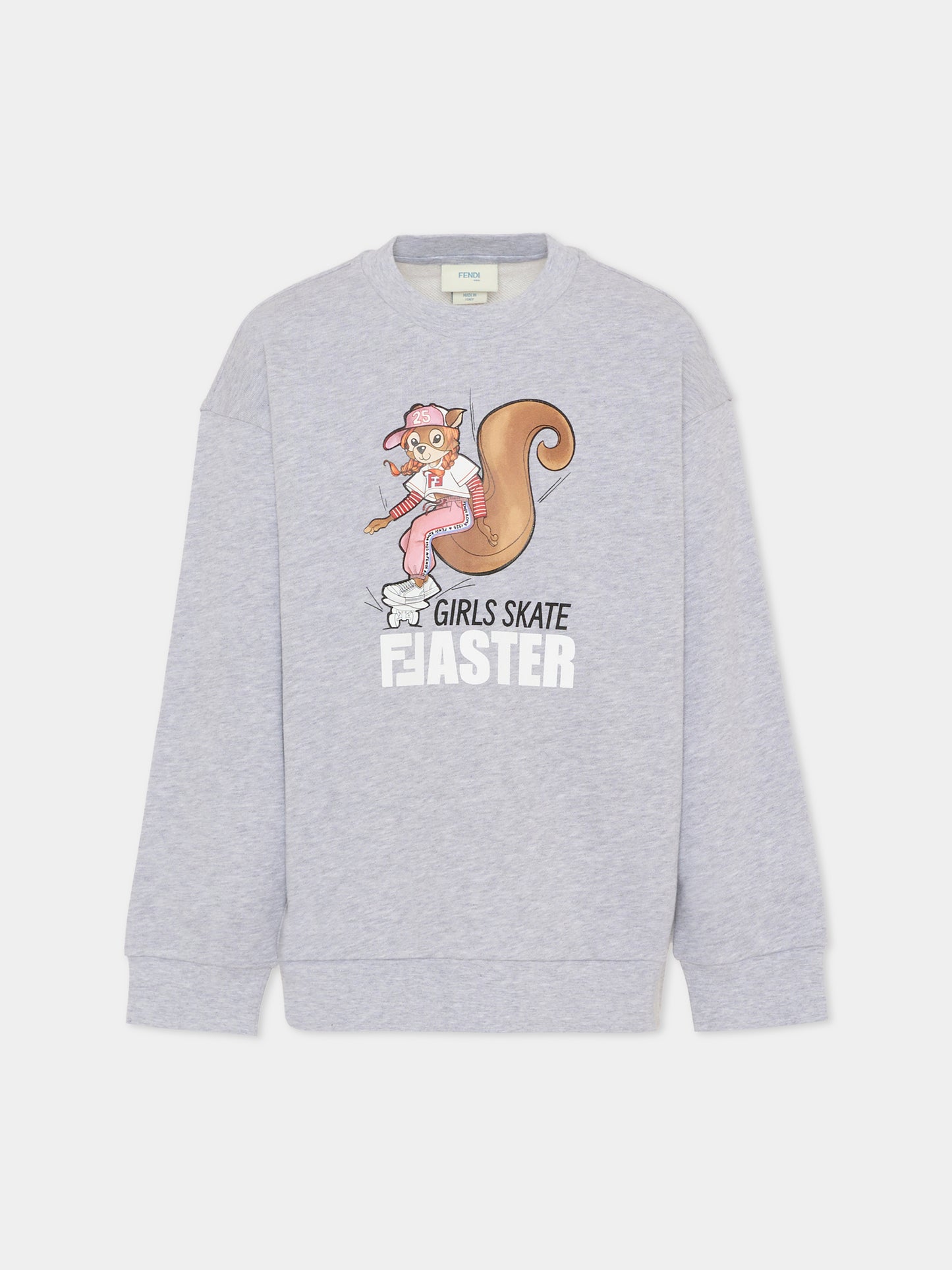 Felpa grigia per bambina con stampa scoiattolo,Fendi Kids,JFH160 5V0 F0WG5