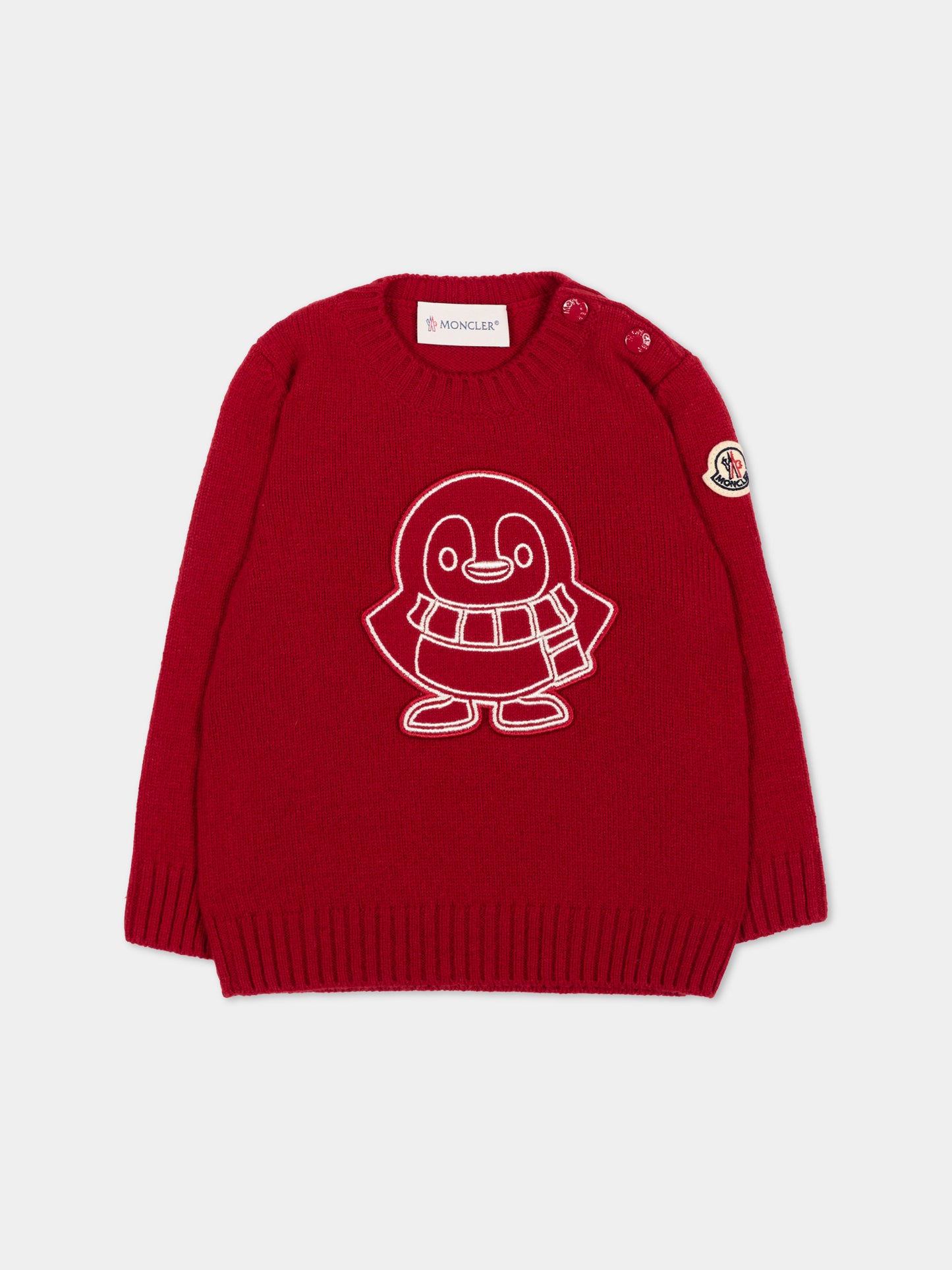 Maglione rosso per neonato con pinguino,Moncler Kids,L2951 9C00002 M4281 457