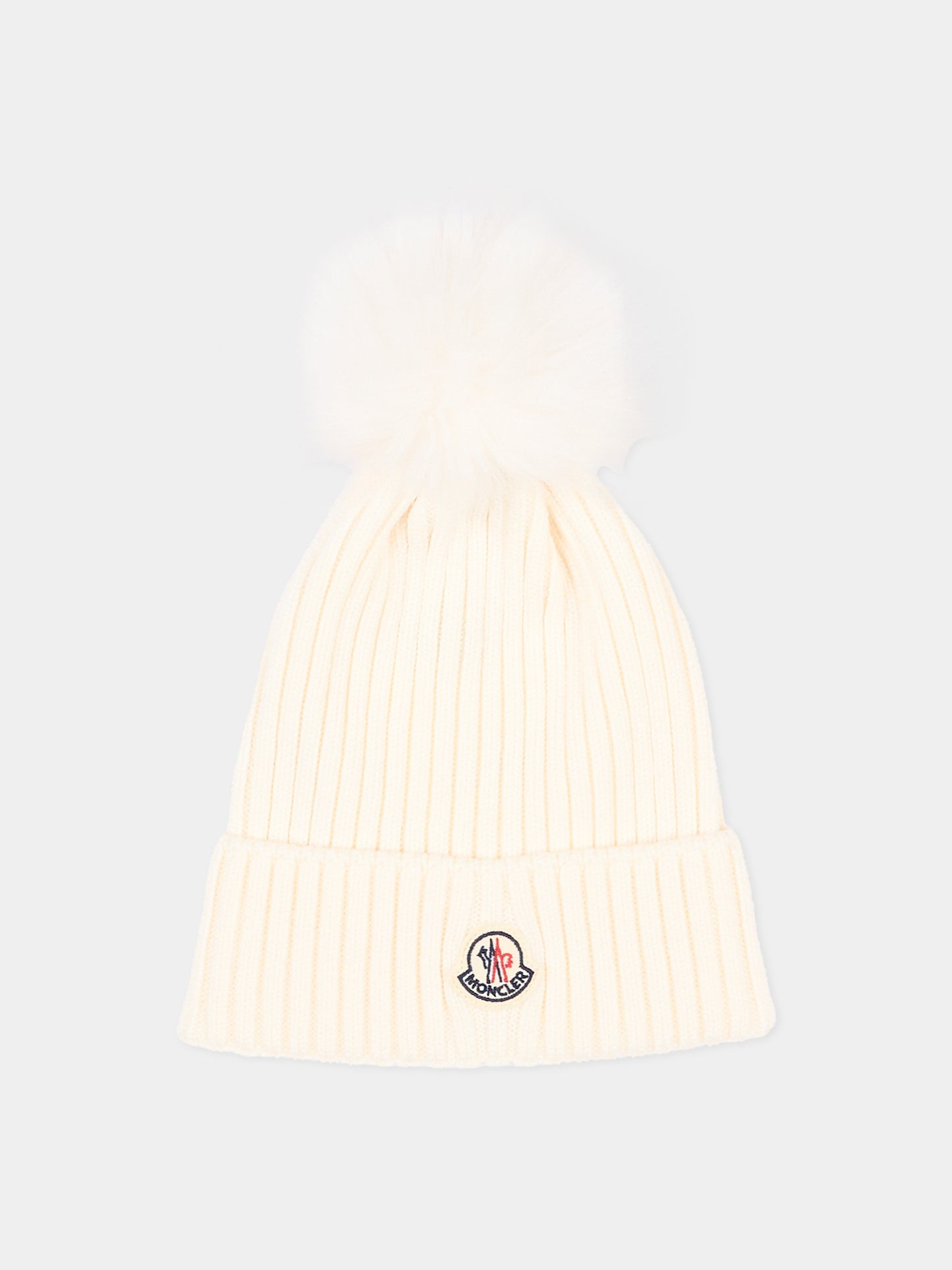 Berretto avorio per bambina con pompon,Moncler Kids,L2954 3B00007 M1131 030