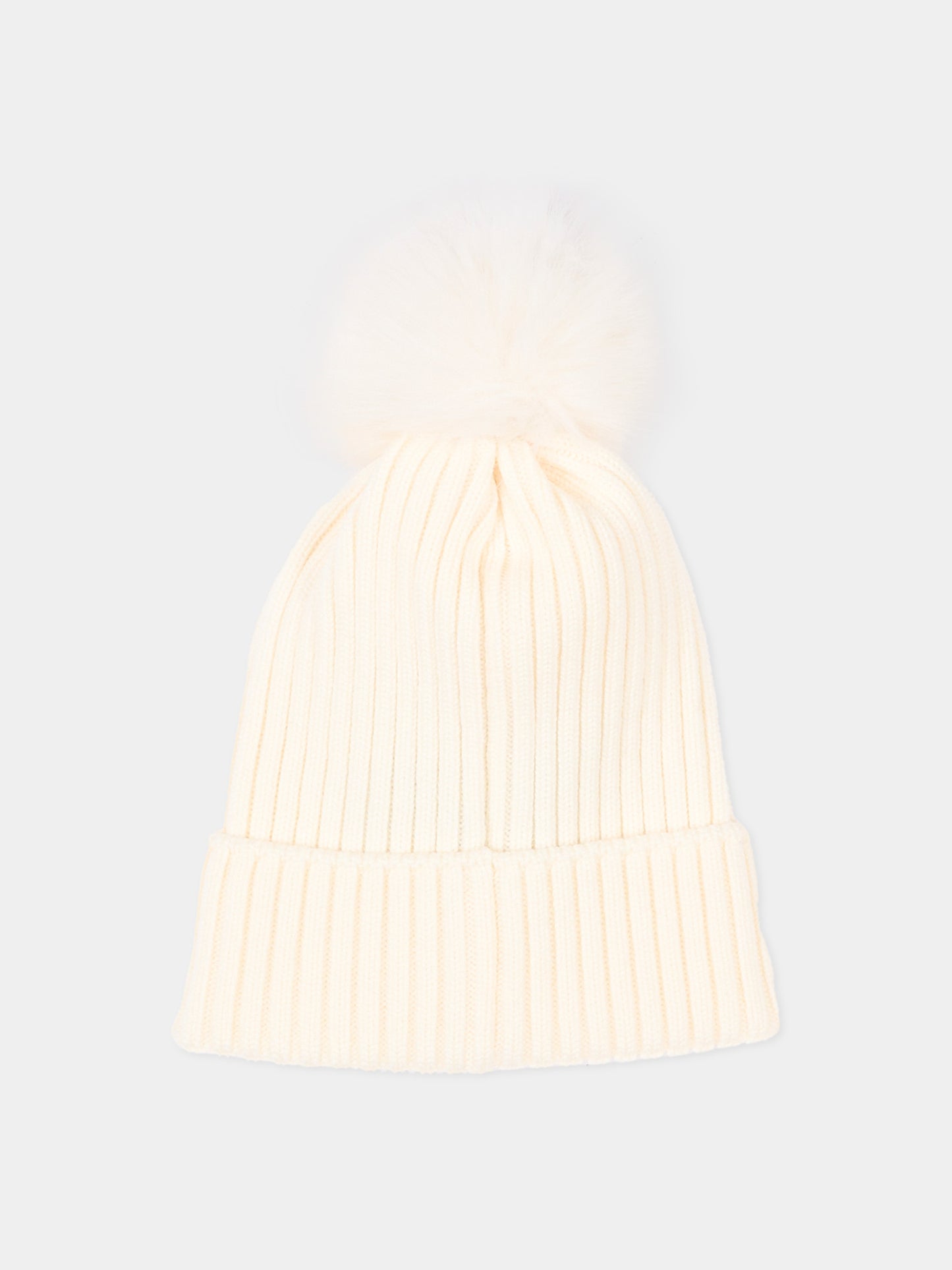 Berretto avorio per bambina con pompon,Moncler Kids,L2954 3B00007 M1131 030