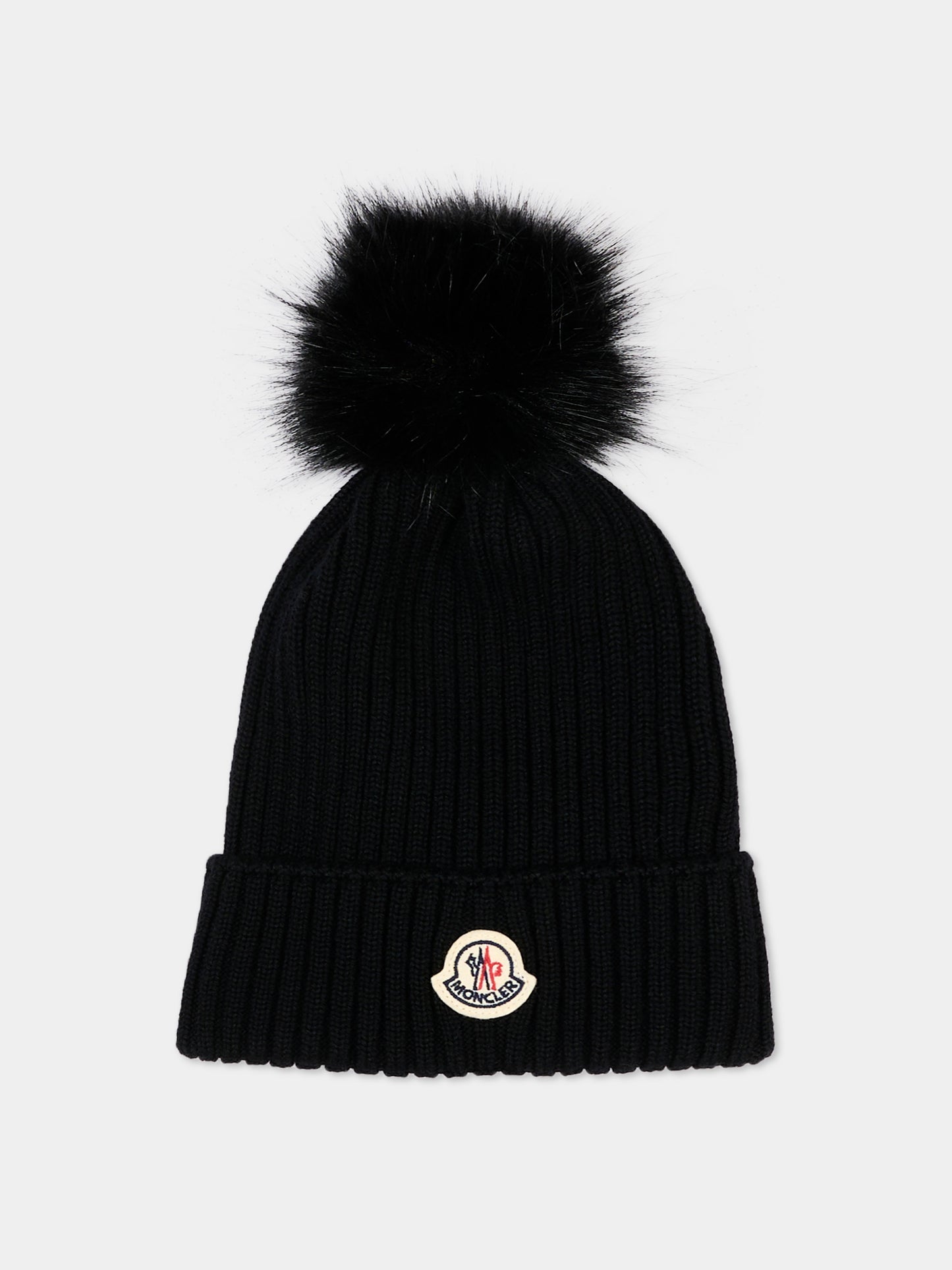 Berretto nero per bambina con pompon,Moncler Kids,L2954 3B00007 M1131 999