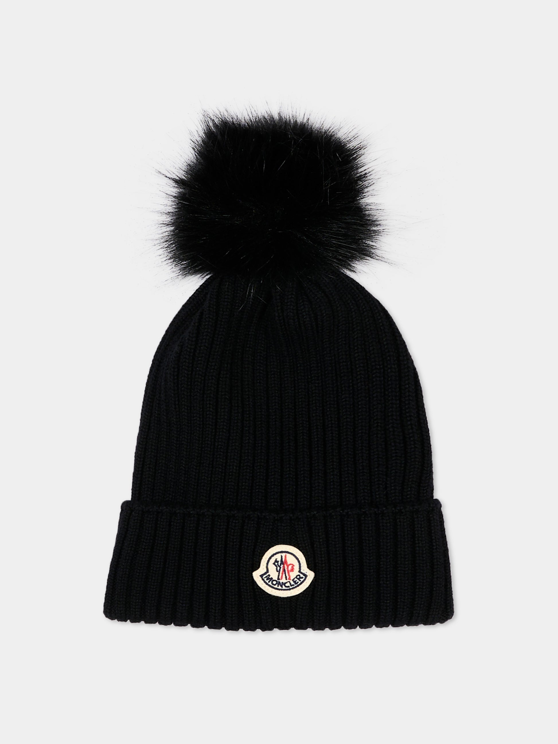 Berretto nero per bambina con pompon,Moncler Kids,L2954 3B00007 M1131 999