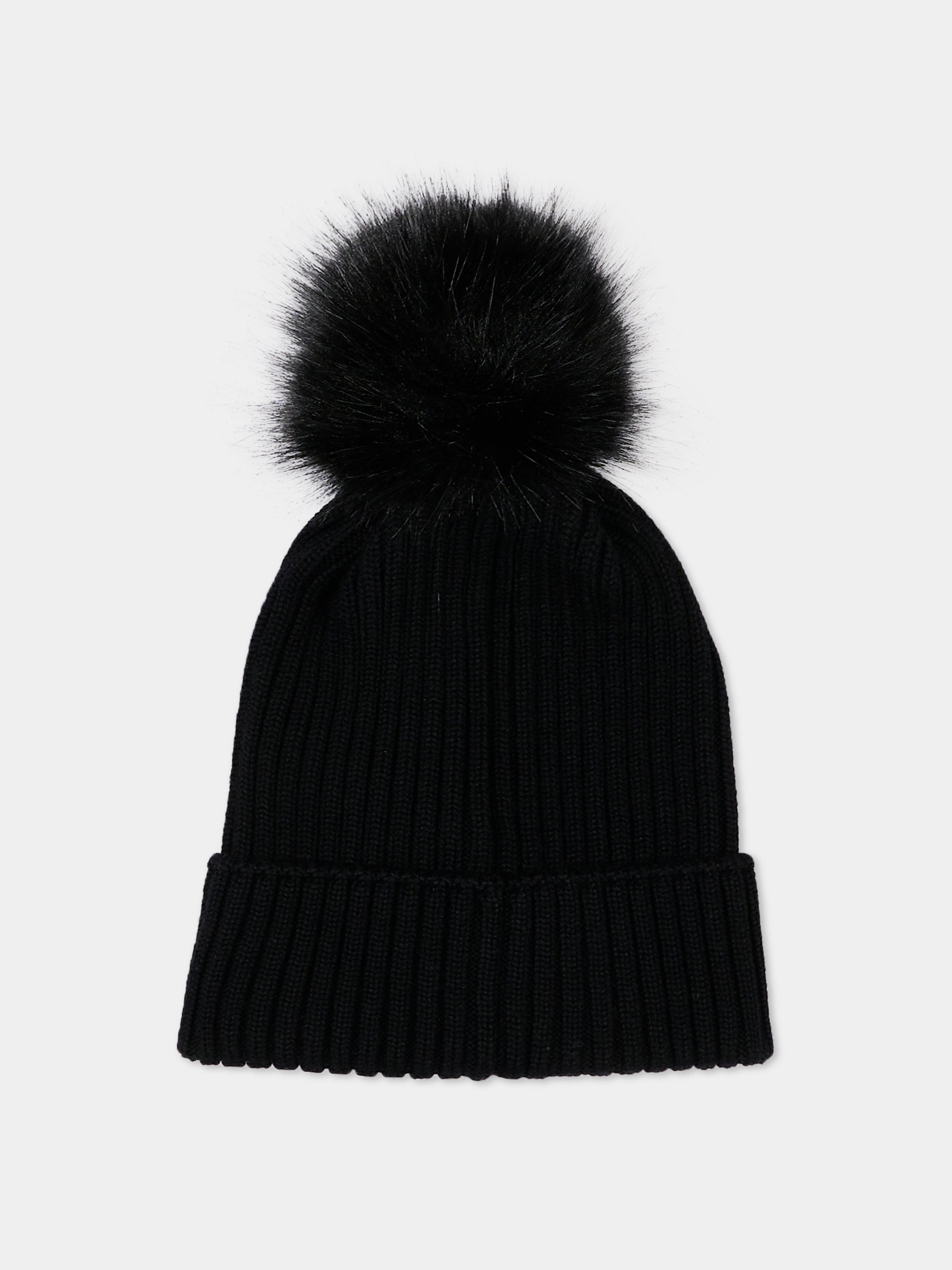 Berretto nero per bambina con pompon,Moncler Kids,L2954 3B00007 M1131 999