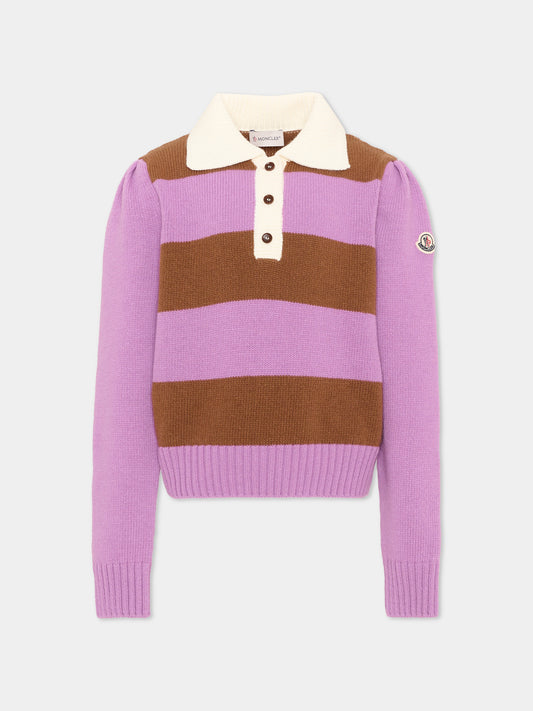 Polo lilla a righe per bambina con logo,Moncler Kids,L2954 9A00001 M4281 P52