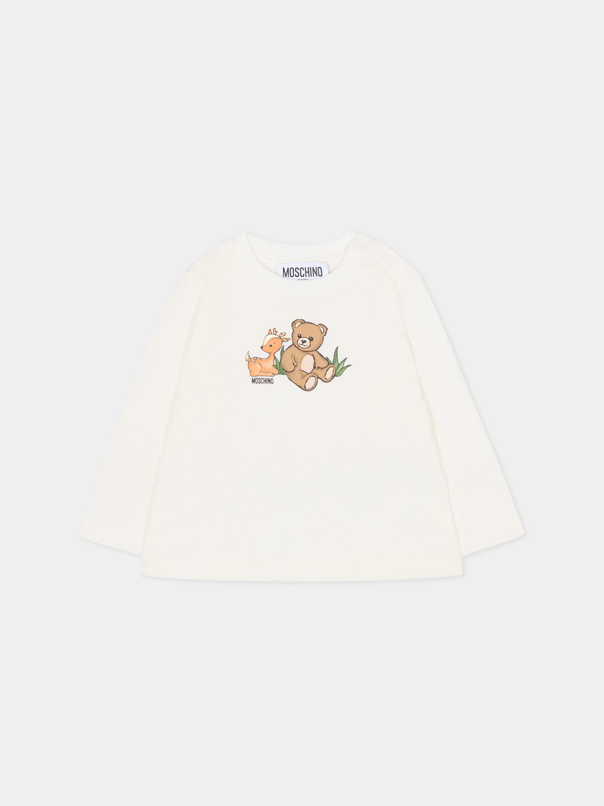 T-shirt avorio per neonati con Teddy Bear e cervo,Moschino Kids,MYO00R LAA10 10063