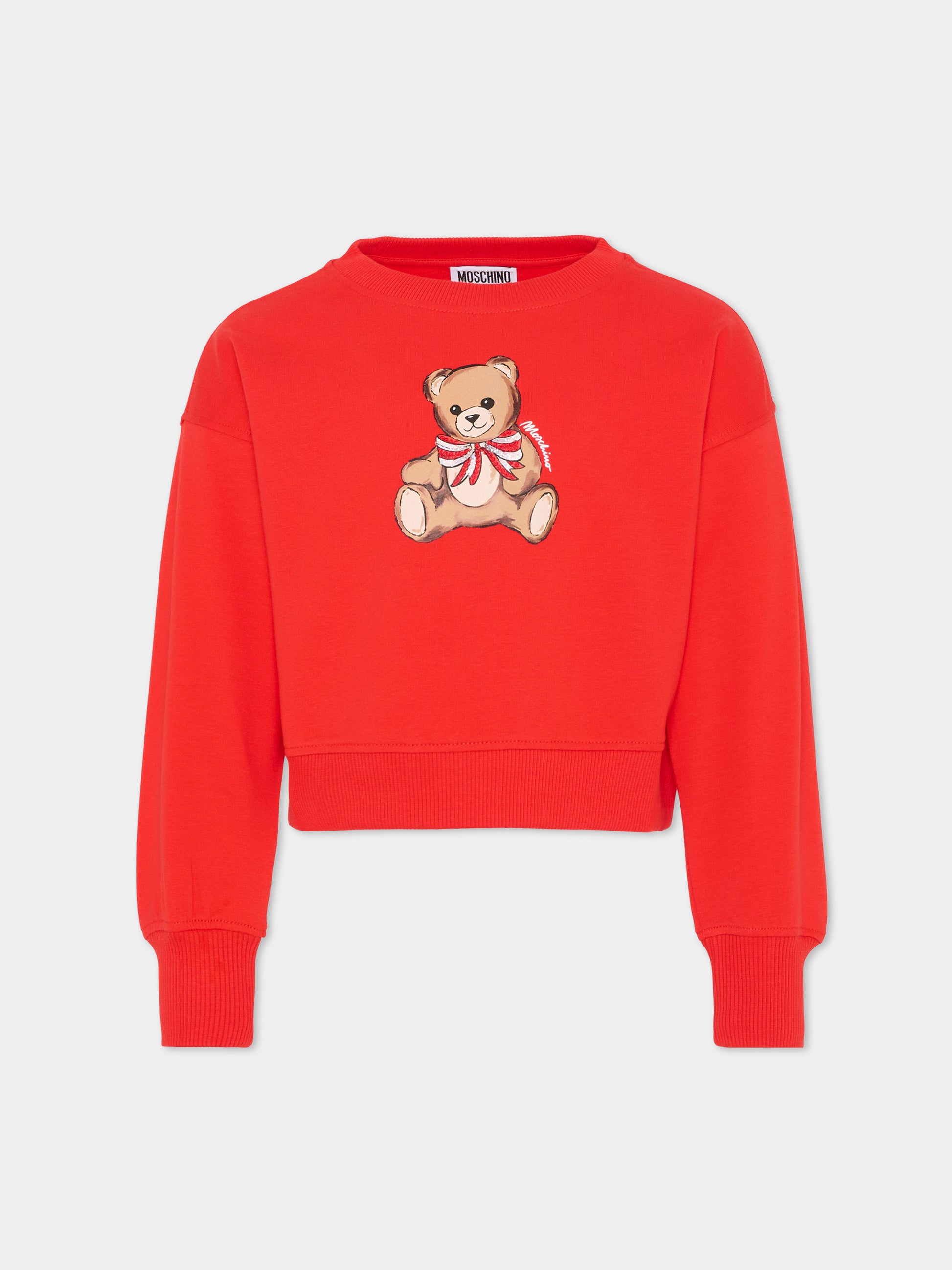 Felpa crop rossa per bambina con Teddy Bear e paillettes,Moschino Kids,HDF06G LDA16 50109