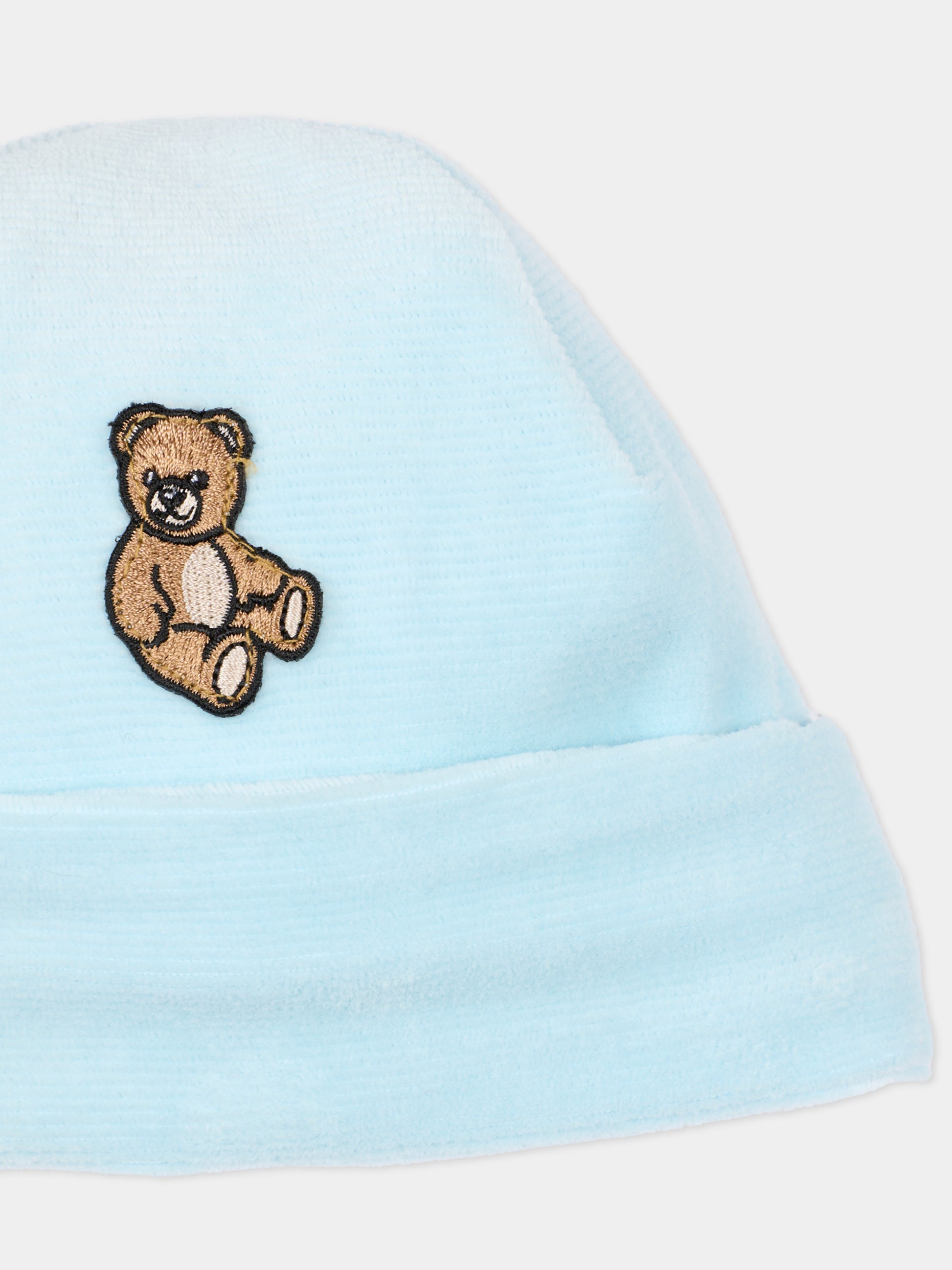 Cappello celeste per neonato con Teddy Bear,Moschino Kids,MUX05M LGA27 40304