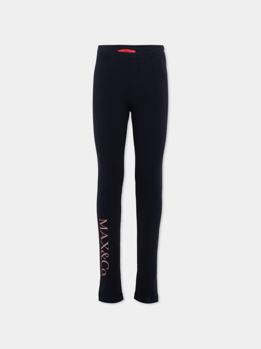 Leggings blu per bambina con logo,Max&co,MX0411 MX02K MX854